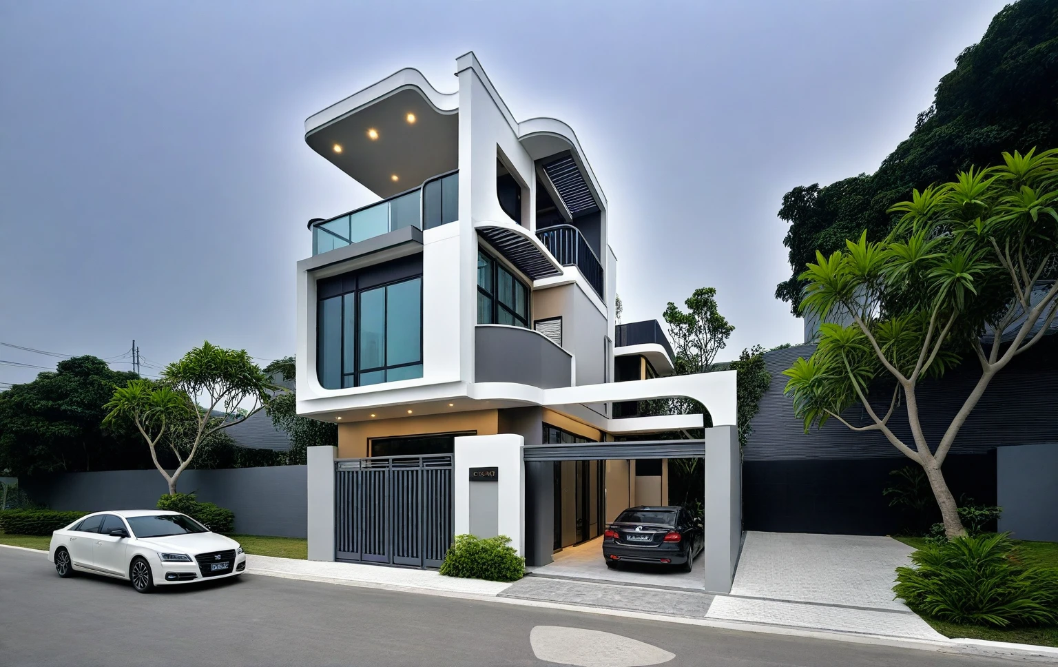 RAW photo, a photo of a modern house, (curvilinear chrchitecture:1.4), Wabisabi style rounded wall, white wall, steel dark gate, sidewalk, sidewalk trees, ((grey gate:1.2)), road, viet nam modern residence, ((architectural shot)), rough white wall, new residential area, wide angle exterior 2022, contemporary house, exterior photography, masterpiece, contemporary architecture, overcast, indirect lighting