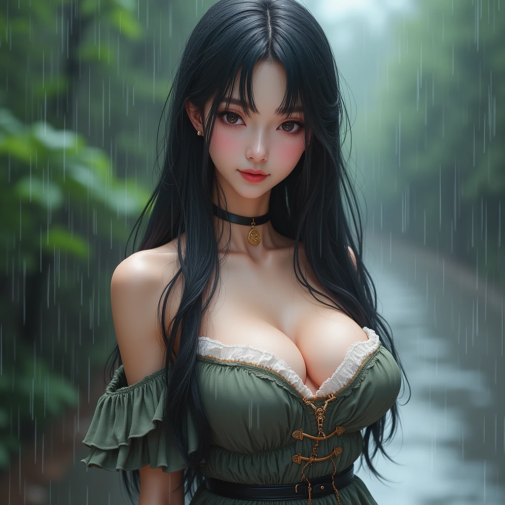 ((best quality, 8ก, Masterpiece:1.3)), Point of interest: 1.2, perfect body beauty: 1.4, bottom: 1.2, ((Layered haircut, chest: 1.2, เน้นchest, Emphasize the breasts, Beautiful breast shape)), (Wet clothes: 1.1) , (rain, road:1.3), Chest island dress: 1.1, Highly detailed facial and skin textures, delicate eyes, Double eyelids, Whiter skin, long hair