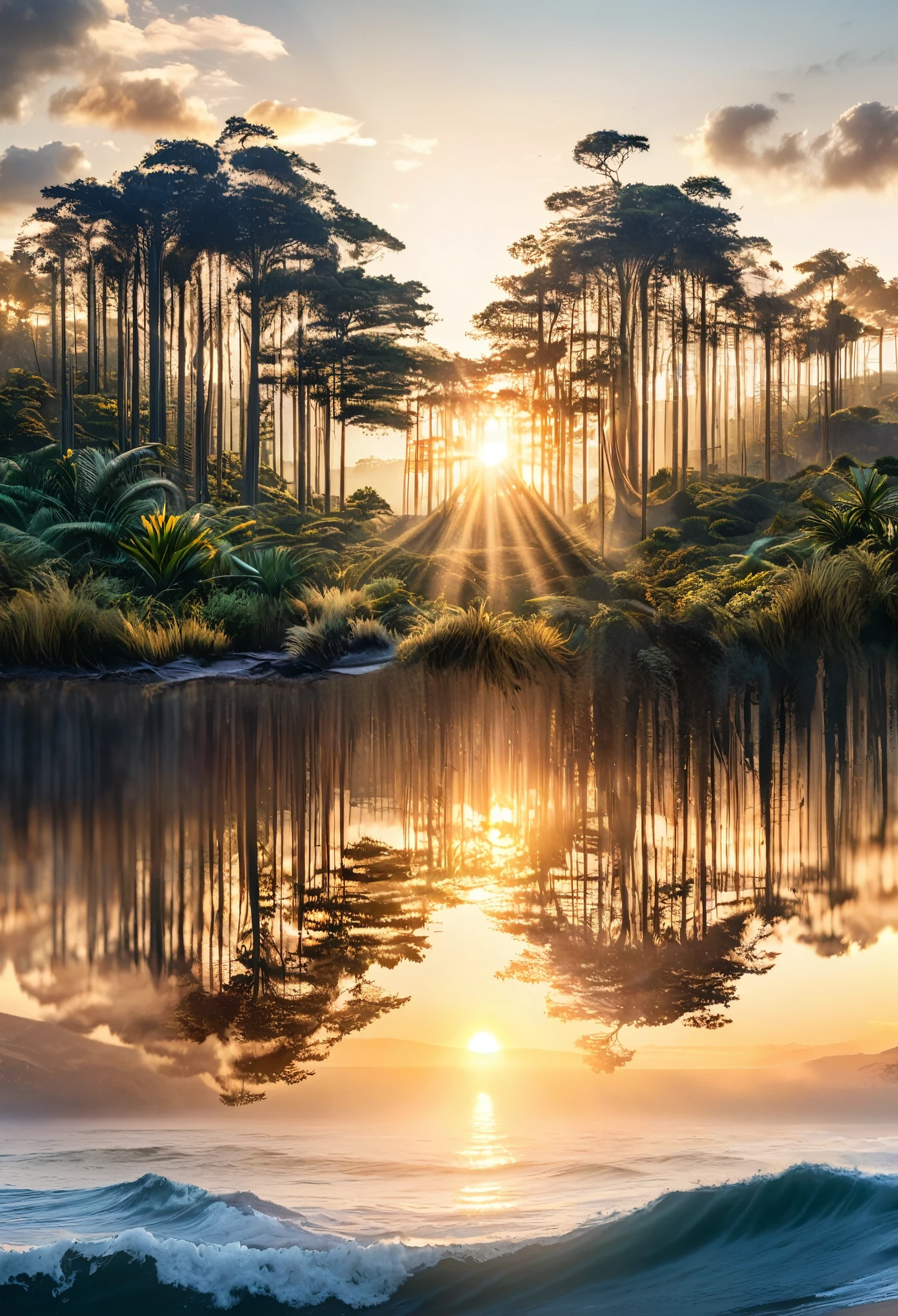 ((Double Exposure)) ((Photography)) of the ((forest)) and ((sunrise)) and ((ocean)) blending together in the word ((AFRICA)), artfully captured with a ((70mm lens)) on a ((clear sunny day)), intricate details and ((hyperrealistic)) patterns that draw the eye, providing a unique and creative way to showcase this breathtaking scene. ((Unreal Engine 5)) ((Rendered))