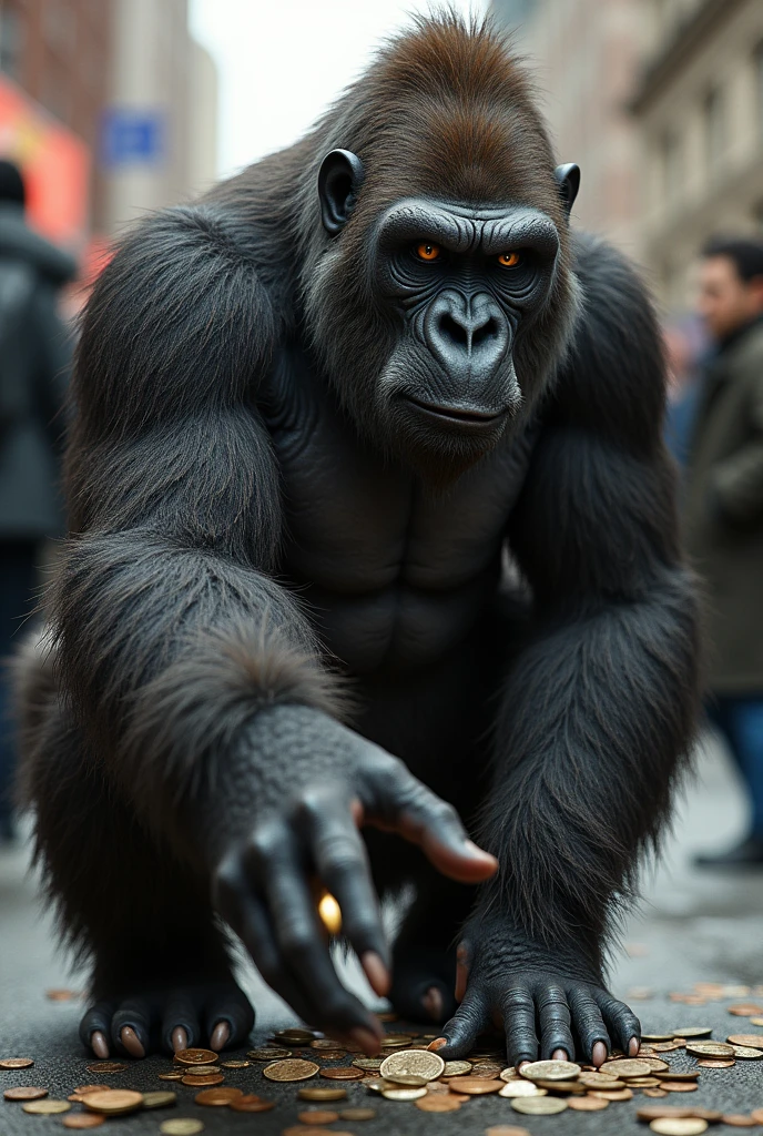An ugly gorilla asking for money