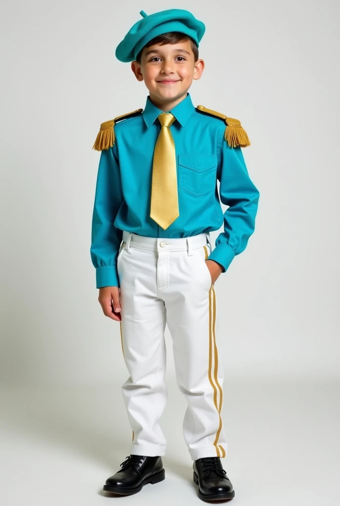 A  wearing a turquoise blue long-sleeved shirt, White pants with a straight line on the side in gold, Simple golden shoulder pads, gold tie, black shoes and turquoise blue beret