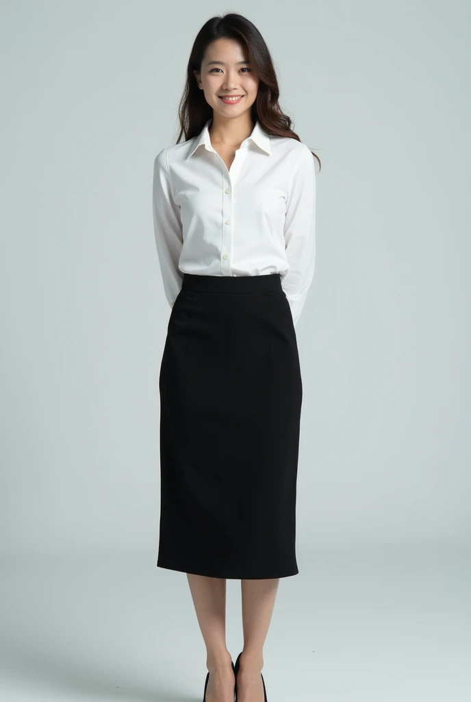Asian woman, formal office wear, white button-up shirt, long black skirt, black high heels, name tag on shirt collar, front body, upright posture, neutral expression, hands behind back