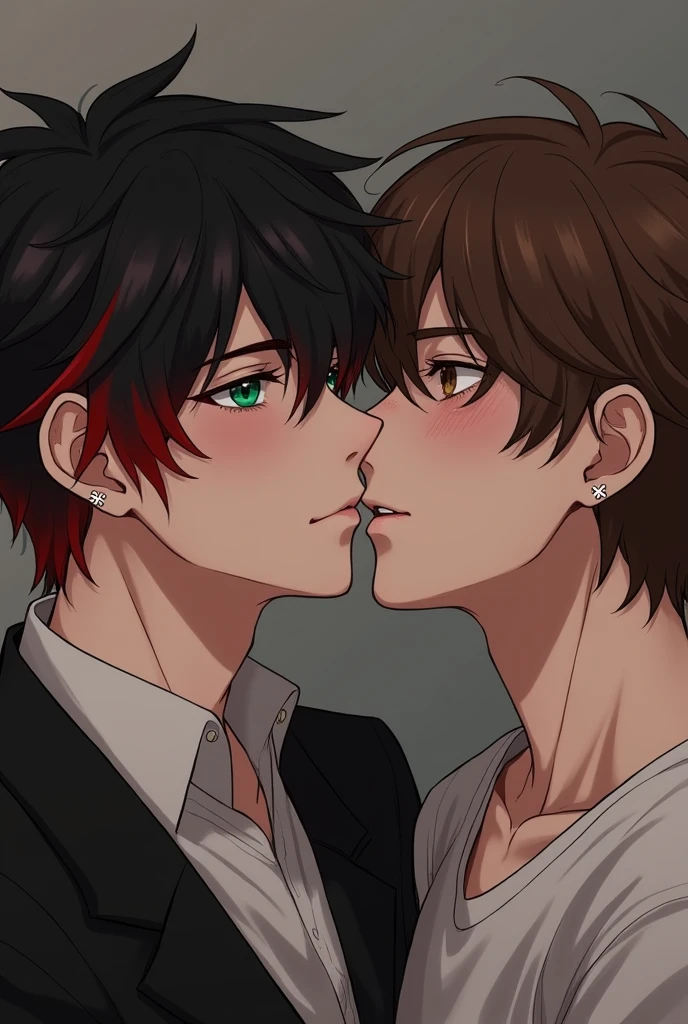 Makes a picture of a handsome boy with green eyes, black hair with red highlights, cross piercings on his ears and pale along with another handsome brown-eyed guy, semi long but short hair, also brown hair and soft features, in the middle of a sexual situation