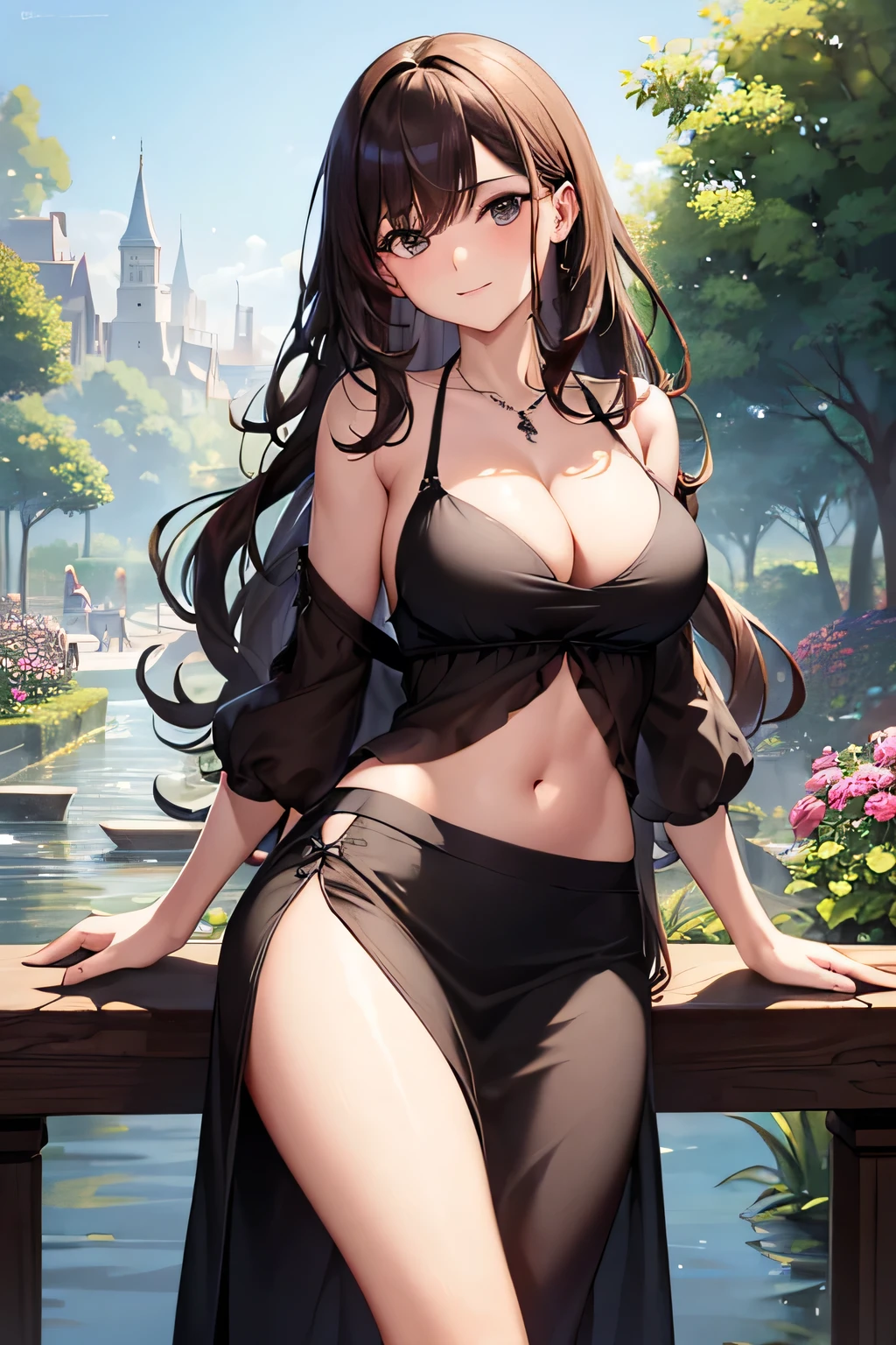 masterpiece, top quality, super detailed, high resolution, (ink painting style), excellent ???????, beautiful 1 woman, wavy hair, brown hair, ??????????????, cleavage, wearing black tank top cropped and maxi pencil skirt, (long skirt:1.3), ????? belly, belly button, necklace, (summer, garden in the city), looking at viewer, light smile, leaning back, (cowboy shot:1.2), best light, best shadow, mysterious, perfect face, highly detailed,