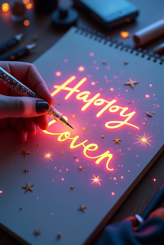 A mesmerizing, hyper-realistic 16K 3D illustration captures a magical moment of pure creativity. A talented artist is masterfully sketching a heartfelt message, "CLASS:y", in a notebook. The text is composed of vibrant, color sepia stars that smoothly transition through the entire spectrum. The artist's hand, holding a transparent pen filled with radiant stars, is detailed exquisitely, symbolizing boundless creativity and imagination. The background is a three-dimensional sketchbook setting with scattered throughout, adding depth and dimension to this captivating, graffiti-inspired scene. The illustration radiates energy, movement, and vibrant colors, making it a true work of art that celebrates creativity and imagination., gra, cinematic, vibrant, graffiti, painting, typography, product, illustration, photo, 3d render, fashion, dark fantasy