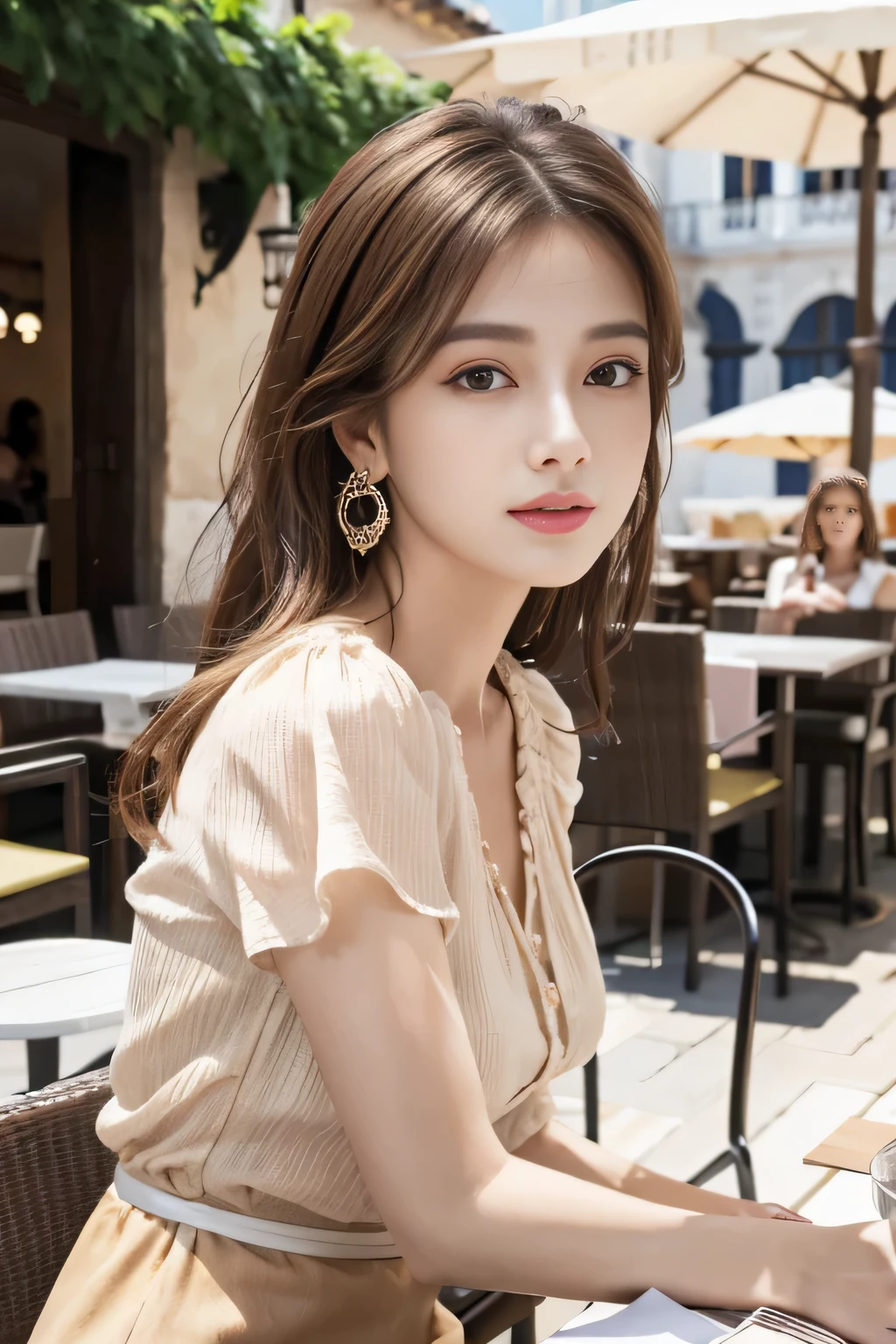 masterpiece, Highest quality, Realistic, Very detailed, Finer details, High resolution, 8k wallpaper, One beautiful woman,Wear a nice blouse, On the terrace of a lovely cafe, at noon, Light brown messy hair, Perfect dynamic composition, Beautiful and beautiful eyes、Big earrings