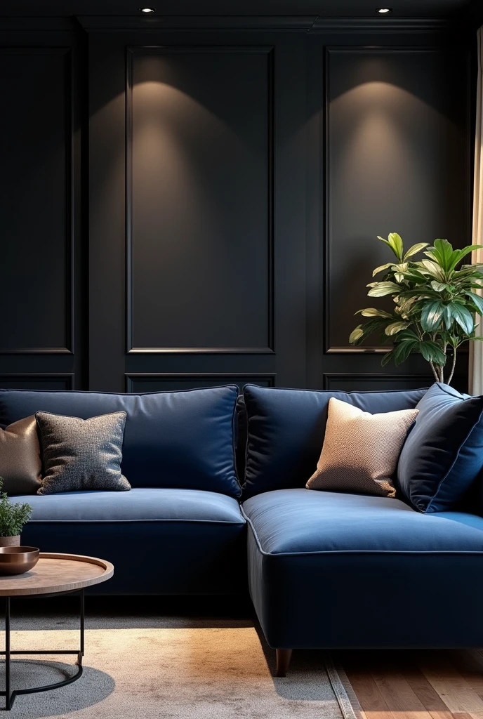 Create living room with black wall and brown wooden floor and navy blue corner sofa