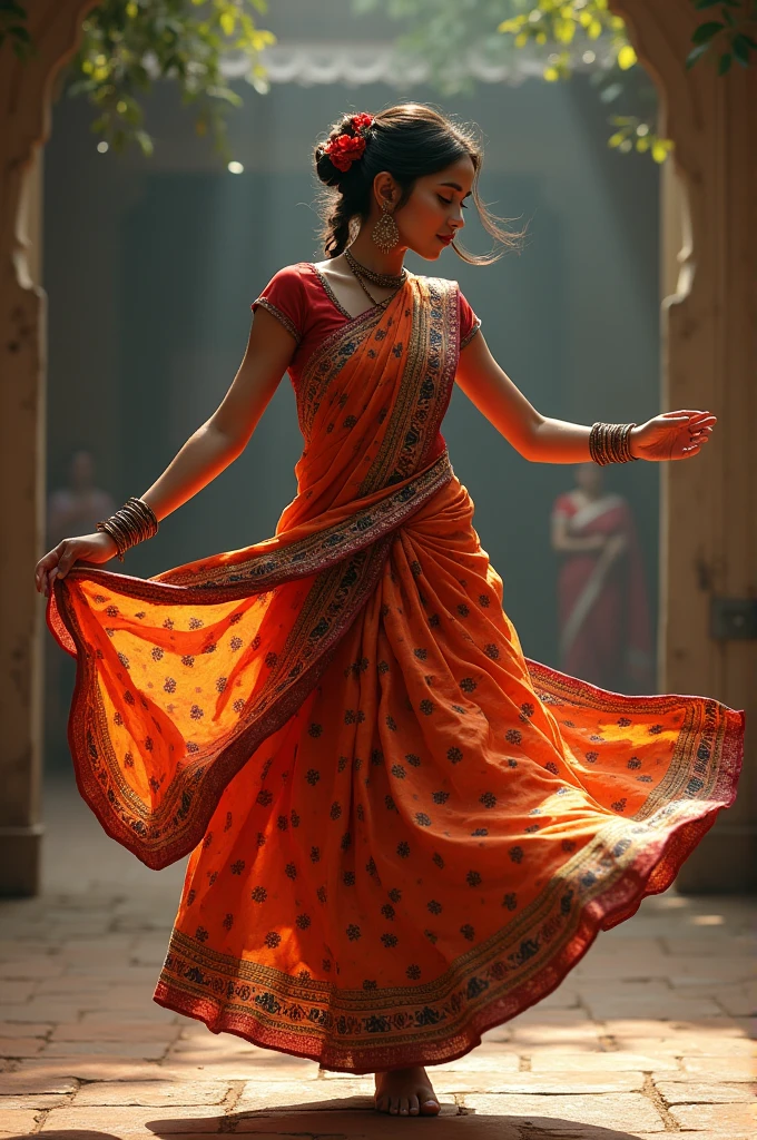 A girl dancing wearing traditional sambalpuri saree 