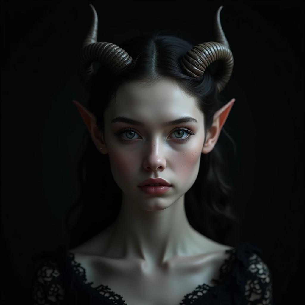 A girl with horns on a black background