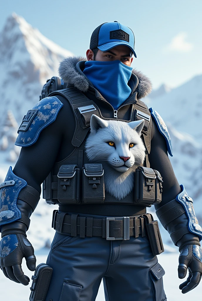 Free fire male character with arctic blue mask, cat chest and a backwards cap.
