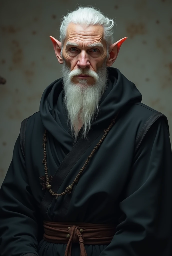 Alabaster skinned middle aged handsome elf man, with dark monk robes, white hair,