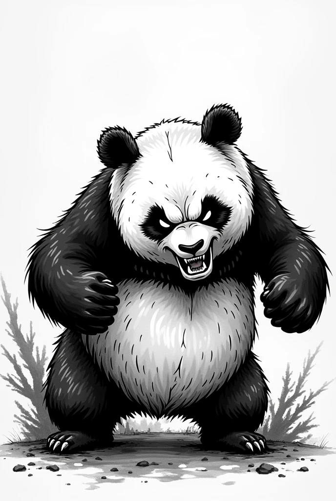 Black and white manga style drawing of angry panda