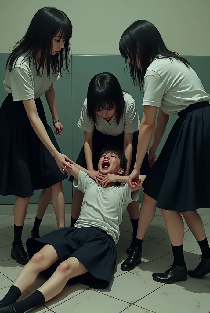  girls in long black skirts strangling boy to death on the floor