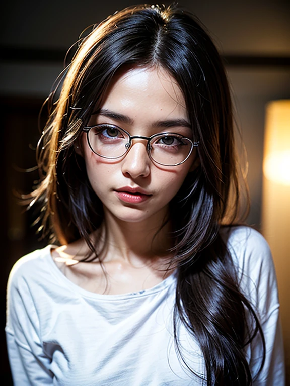 (masterpiece:1.2, highest quality), (Realistic, photoRealistic:1.4), Beautiful illustrations, (Natural Side Lighting, Cinema Lighting), Written boundary depth, Beautiful thighs staring at the viewer, (((Face Focus, Upper Body))), 1 female, 30-year-old, alone, thin, slender, (small breasts), Long Hair, straight Hair, Forehead, Forehead, Forehead, Forehead, thin, slender, glasses, oversize sweatshirt, Are standing, ((Close-up)), ((Close-up)), ((Close-up))