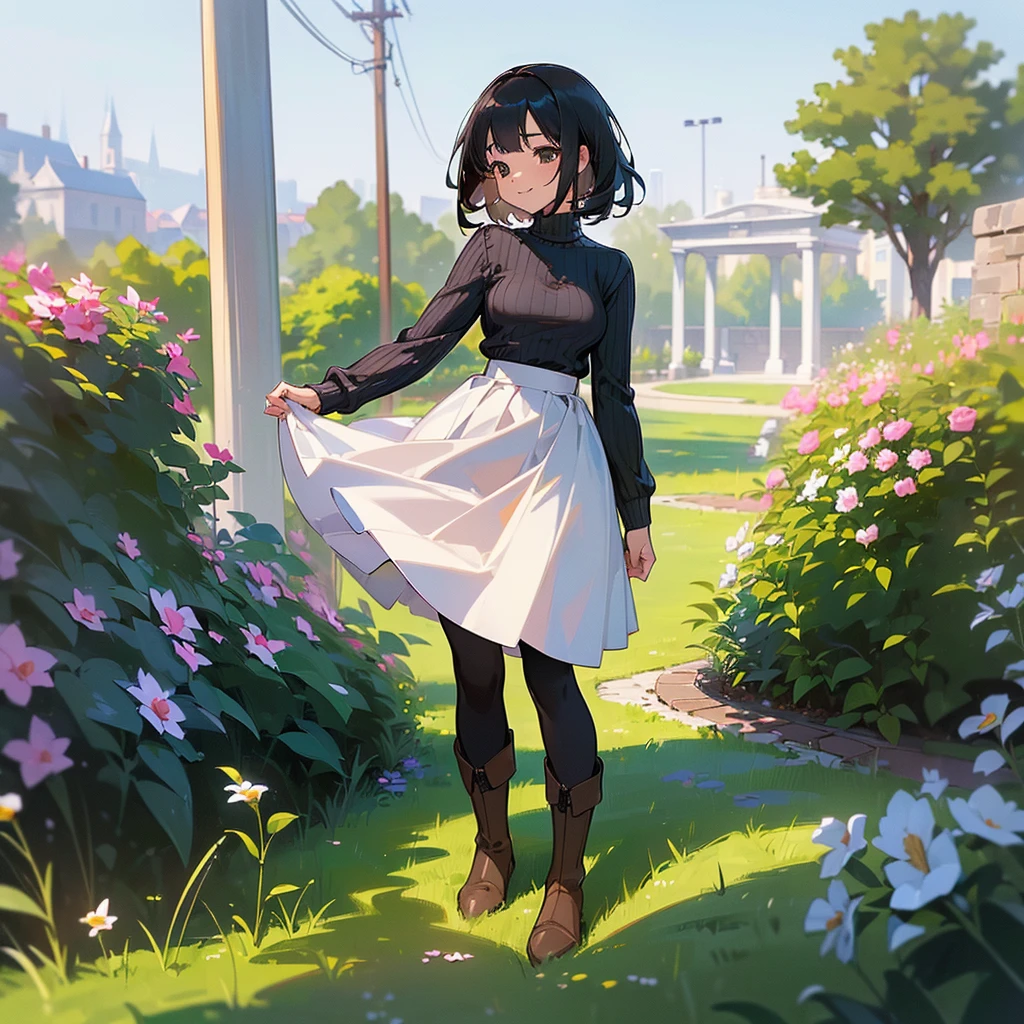 (high quality, High resolution, Very detailed, reality:1.37), Peaceful atmosphere, (Outdoor, garden), Teenage girl standing alone, (my breasts are big.), Beautiful details, Cute Smile, (Black bob hair), Ribbed sweater, Blue Skirt, Black tights, Brown boots.