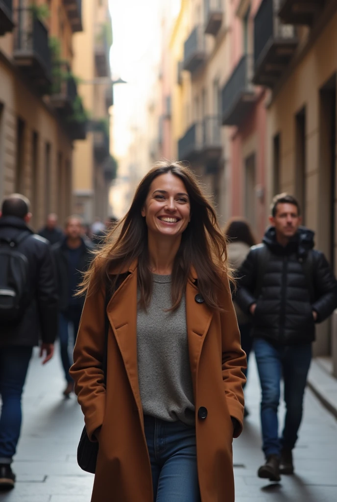 realistic portrait of a happy woman captured with  a DSLR digital camera, strolling the bustling narrow streets filled with people in Barcelona