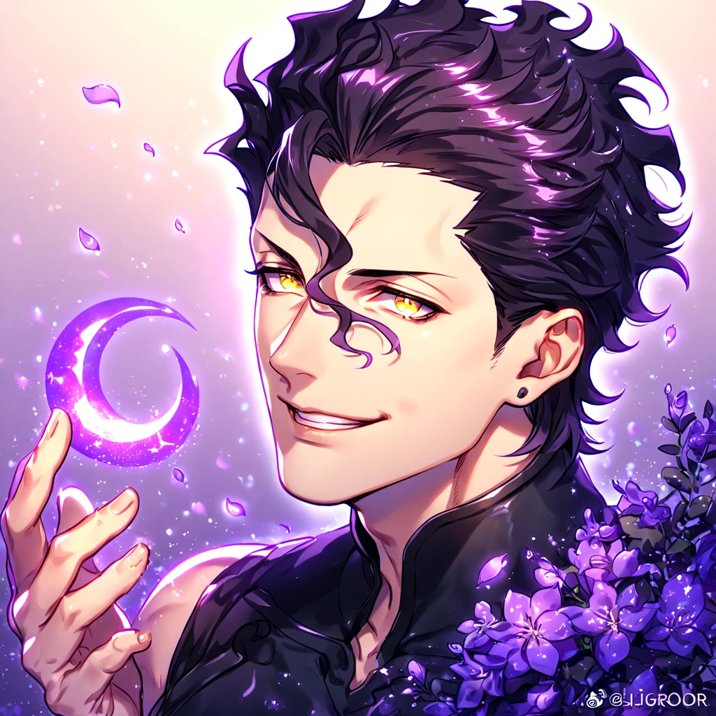 absurdres, highres, ultra detailed, HDR, master piece, Diarmuid ua duibhne, black hair, expressive yellow eyes, black clothes, Fate Grand Order, sexy man, handsome, best quality, purple glittering crescent moon, purple flowers, fantasy, magical, solo, purple shining fireflies, purple petals, sensual, purple fire, manly man, handsome smile,