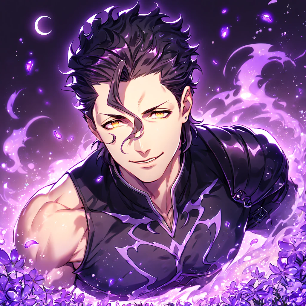 absurdres, highres, ultra detailed, HDR, master piece, Diarmuid ua duibhne, black hair, expressive yellow eyes, black clothes, Fate Grand Order, sexy man, handsome, best quality, purple glittering crescent moon, purple flowers, fantasy, magical, solo, purple shining fireflies, purple petals, sensual, purple fire, manly man, handsome smile,