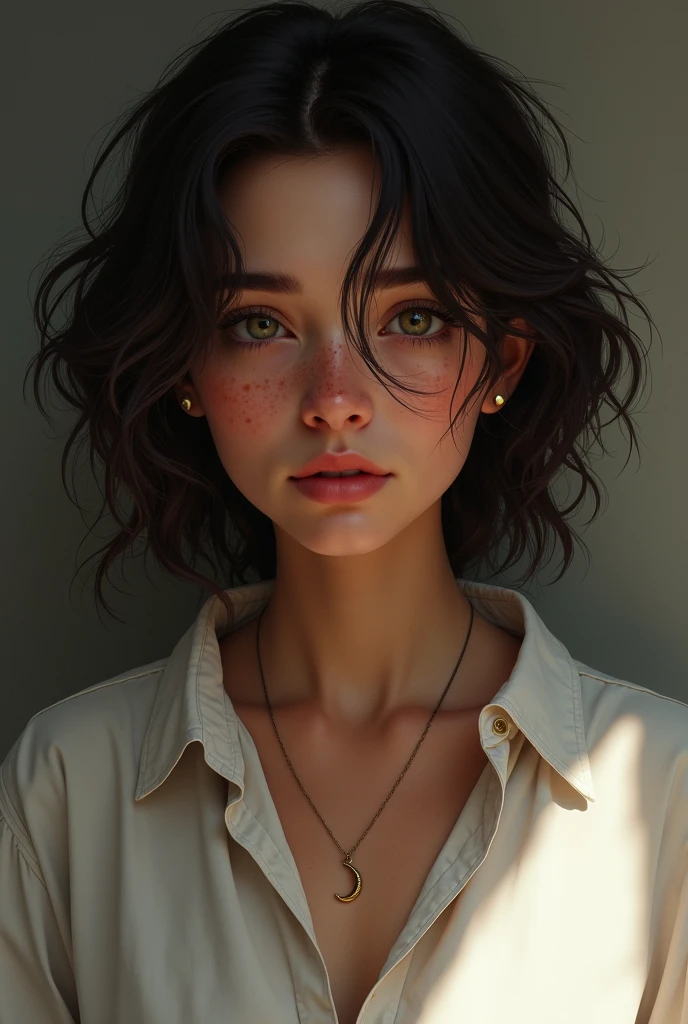 Generates an image of Elena, She is a 27-year-old woman with dark circles under her eyes due to fatigue from not being able to sleep due to headaches.. With freckles all over the body, with very wavy dark brown hair, Her skin is brown, She has honey-colored eyes and wears a white men's shirt with a small necklace that has a half-moon pendant hanging from it.