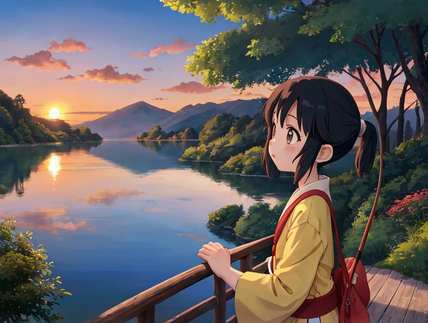 Ghibli-style scenery、Lake shore in the evening、Sunset while fishing、A worried face、15Year old girl
