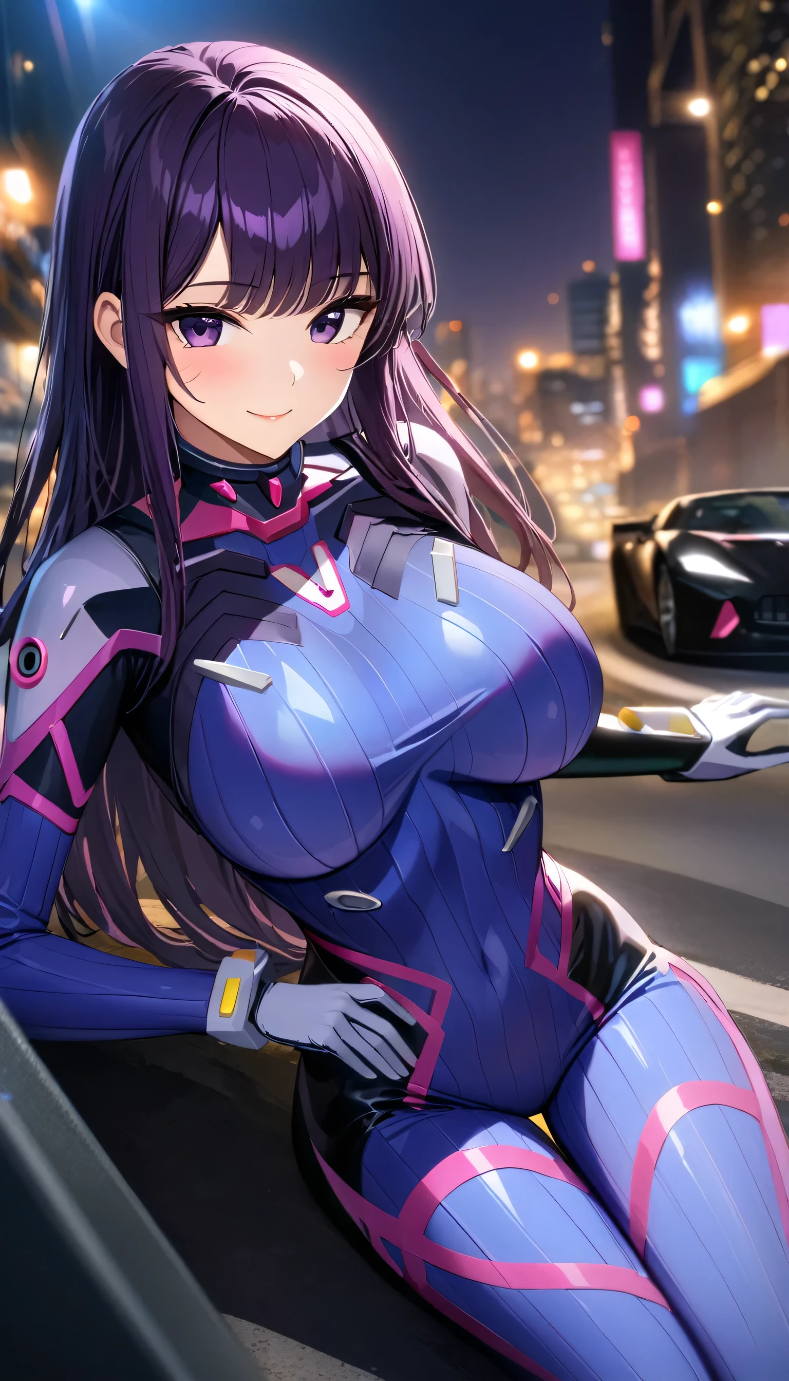 Komi Shouko wearing a d.va bodysuit, blue and pink bodysuit, purple hair, long hair, purple eyes, headphones, smiling, big breasts, near a well-detailed black car, on a track in a large city at night, perfect lighting,HDR, ultra resolution , very detailed, masterpiece, ultra quality, 4K HD