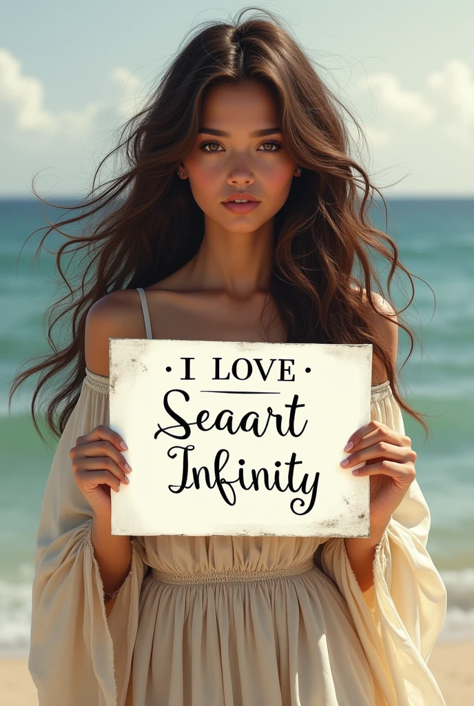 Beautiful girl with wavy long hair, bohemian dress, holding a white board with text "I Love Seaart Infinity" and showing it to the viewer