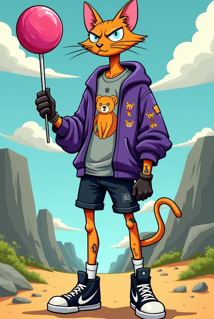 create a tall skinny male white humanoid cat, with a scar on the left eye, right ear has a tear at the tip, wearing an open purple sweatshirt and a gray t-shirt all rescued, with teddy bear print, Nike high top sneakers, black gloves, A pair of black shorts, light blue eyes with an angry expression,  face, he has some tattoos on his body, carrying a giant 1 meter lollipop, O estilo de arte deve ser o estilo Cartoon Adventure Time