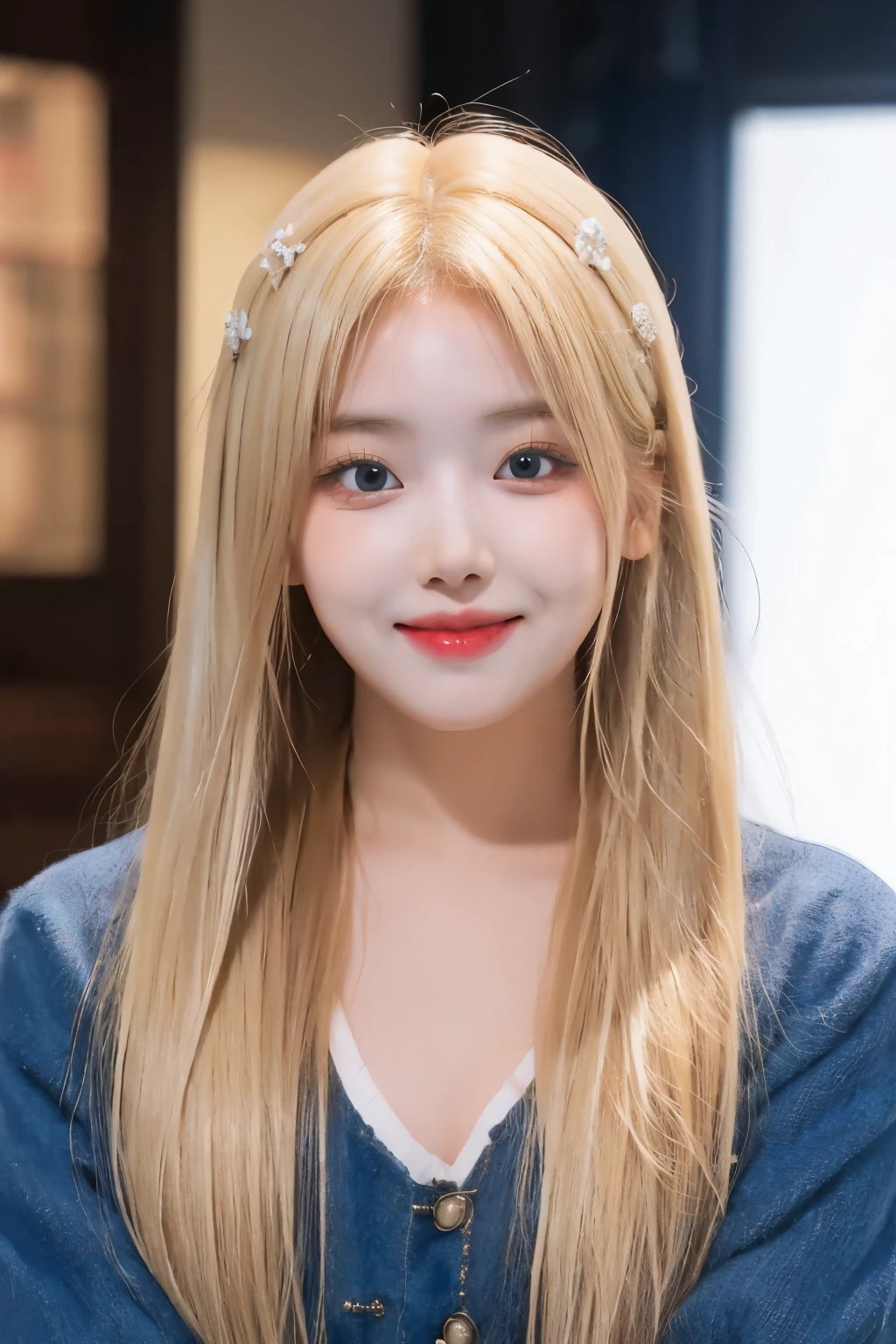 1girl, JIWOO NMIXX , perfect face and eyes, perfect poses, sexy body, surprised, blonde hair, hairy, masterpiece, best quality, highly detailed, solo focus, ((smiling :0.8)) 