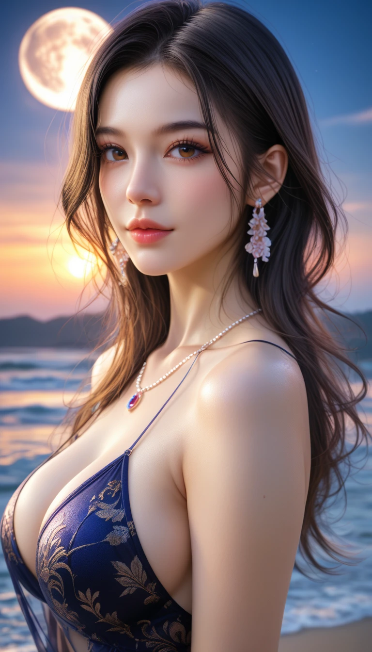score_9, score_8_superior, score_7_superior, A masterpiece in 32K resolution,Highest quality,it is really amazing,Very detailed,Ultra-high resolution,Ultra-realistic,Realistic,Increased depth of field,Cinematic lighting,
Sexy Japanese Adult Women,
black straight medium hair,Ultra-detailed and beautiful face,Gentle expression,Translucent white skin,Realistic skin texture,
Elegant swimwear,
Bold design,Artistic design,Beautiful and detailed pattern,Detailed fabric texture,
Gorgeous necklace,Earrings,
Coastline at night,Giant Moon,Dark clouds floating in the dark night sky,
Cinematic Angle,Beautiful back view,