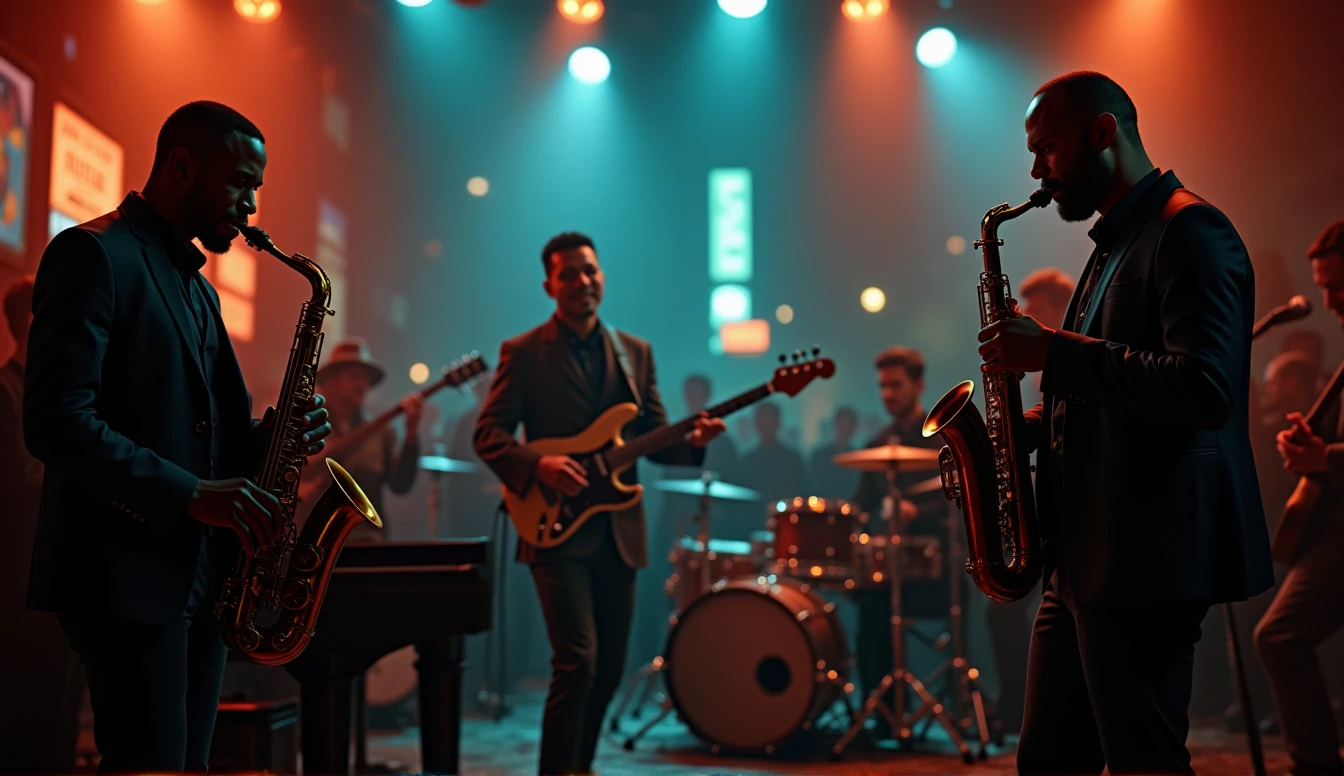 create jazz atmosphere, estilo noturno, stages, instruments, tudod que lembre jazz jam section, 8k realistic