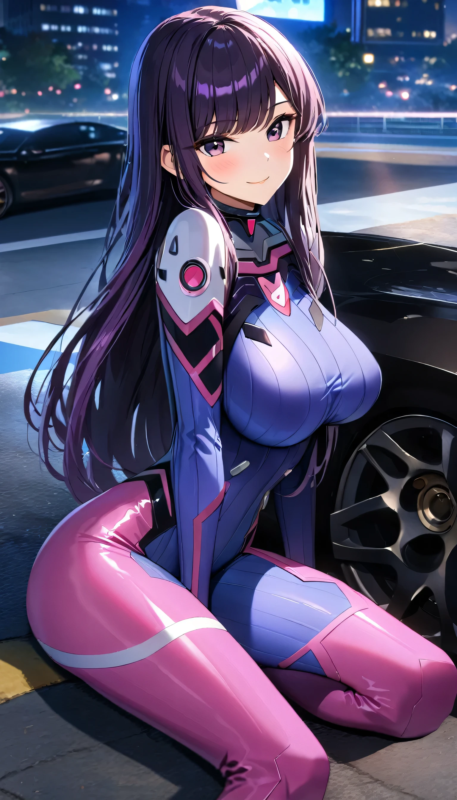 Komi Shouko wearing a d.va bodysuit, blue and pink bodysuit, purple hair, long hair, purple eyes, smiling, big breasts, headphones, near a well-detailed black car, on a track in a large city at night, perfect lighting,HDR, ultra resolution , very detailed, masterpiece, ultra quality, 4K HD