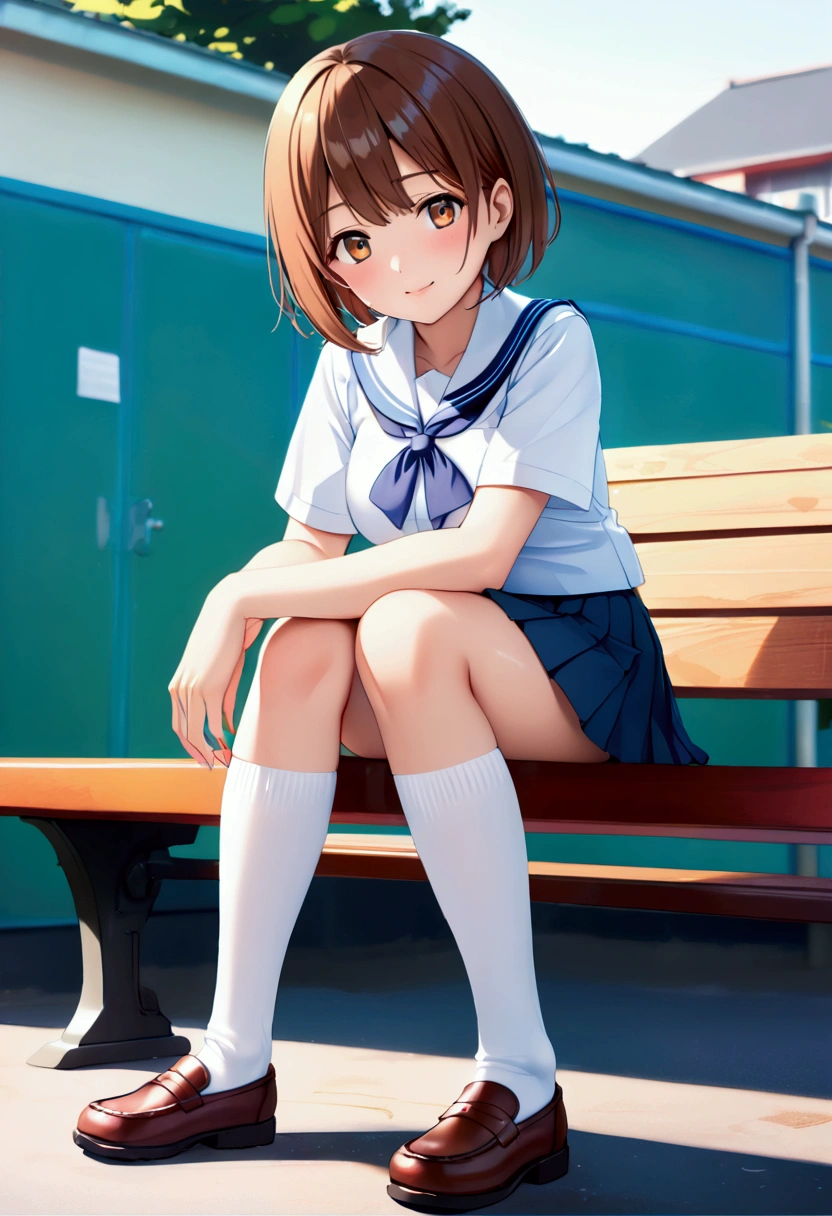 (nsfw:1.5),Miho Nishizumi,sexy,Annyu,adult,((Droopy eyes)),Short Hair,Dark brown hair,Dark brown eyes,Baby Face,8k wallpaper, (shape:0.8), (Beautiful attention to detail:1.6), Highly detailed face, Perfect lighting, Extremely detailed CG, (Perfect hands, Perfect Anatomy),School Uniform,Oarai Girls,mini skirt,White socks,Black shoes,Schoolyard,Sitting on a bench,Bright smile,Enjoyable school life