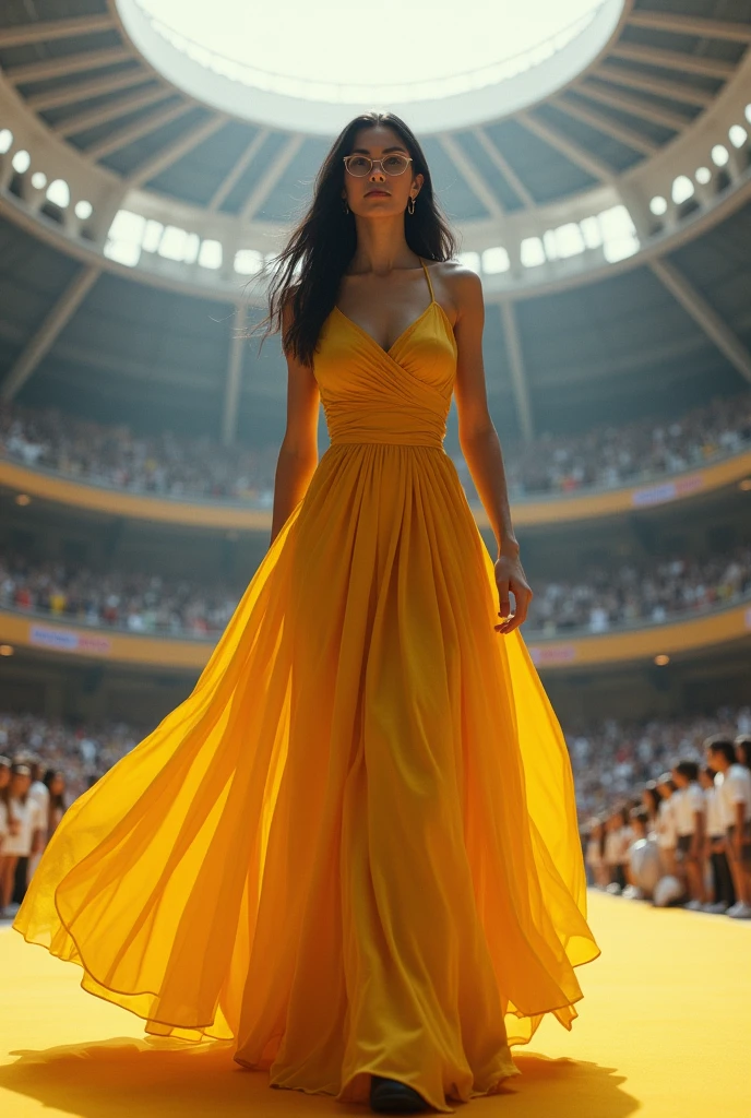 brunette woman with straight black hair, glasses, long yellow dress, entering a stadium