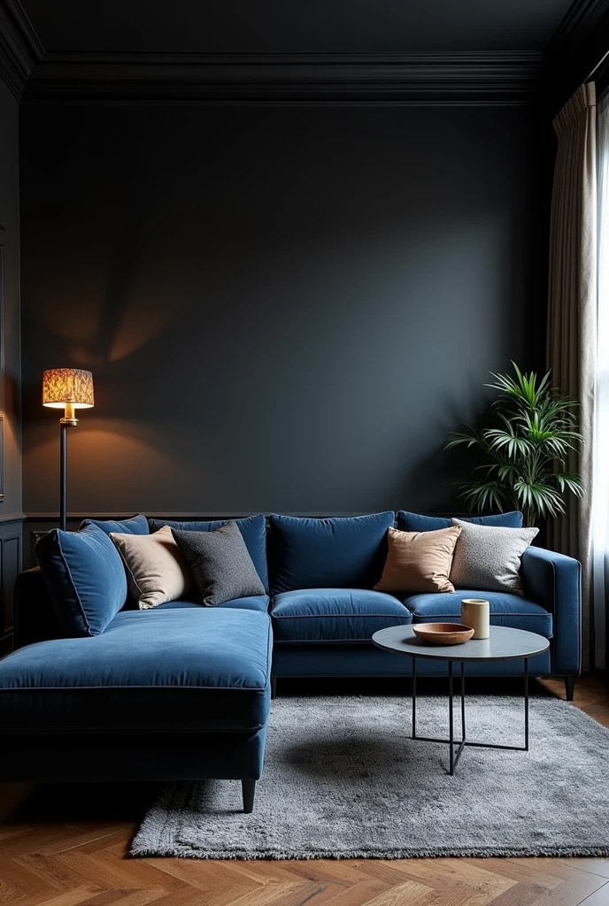 Create living room with black wall and brown wooden floor and navy blue corner sofa
