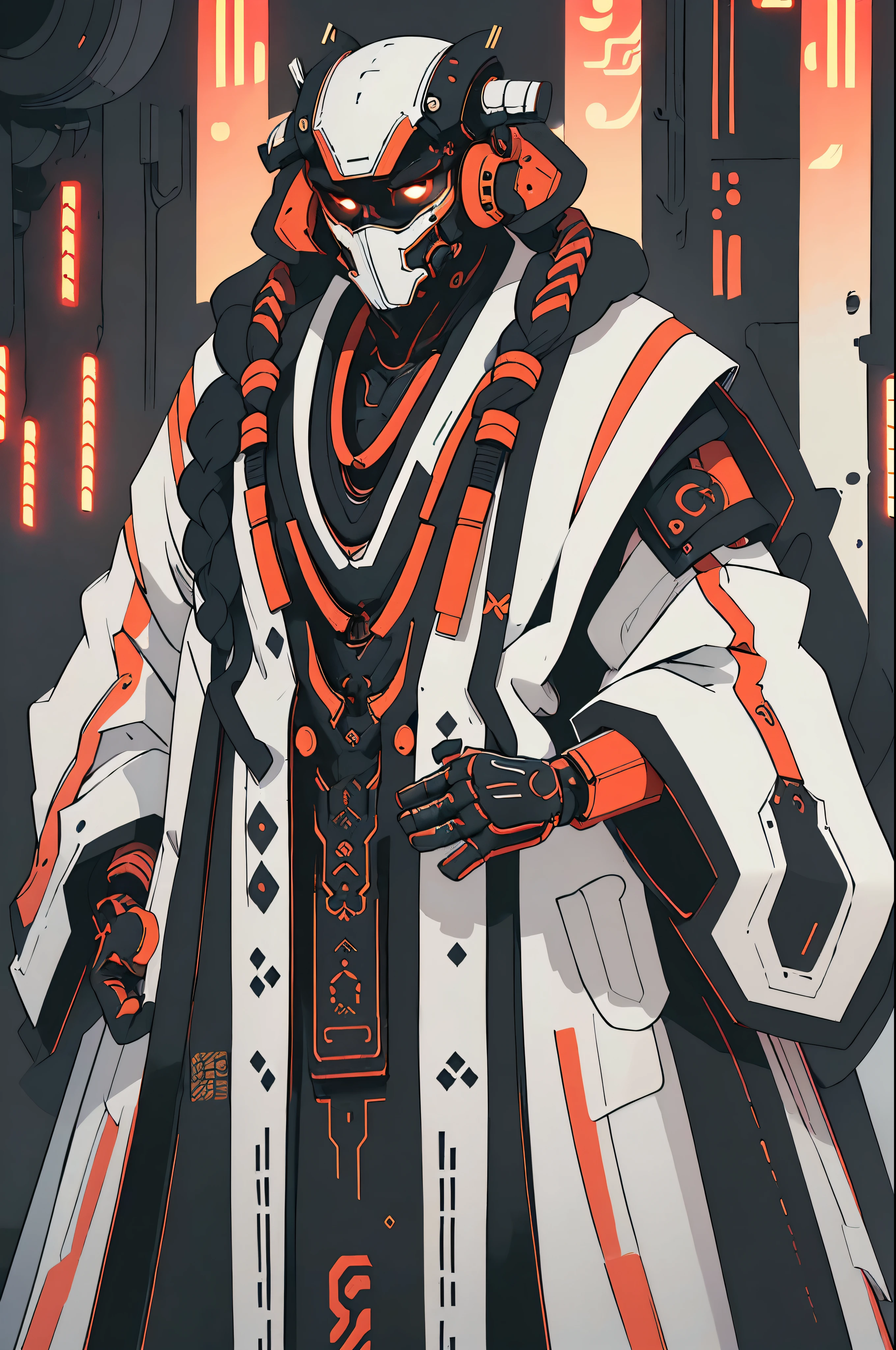 masculine male samurai, strong stature, mechanical body, futuristic kimono, cyberpunk aesthetic, long masculine braided hair, high fantasy environment, feudal Japan, high-tech Zen Garden, futuristic samurai armor, high quality, perfect ???????, turning at an angle,