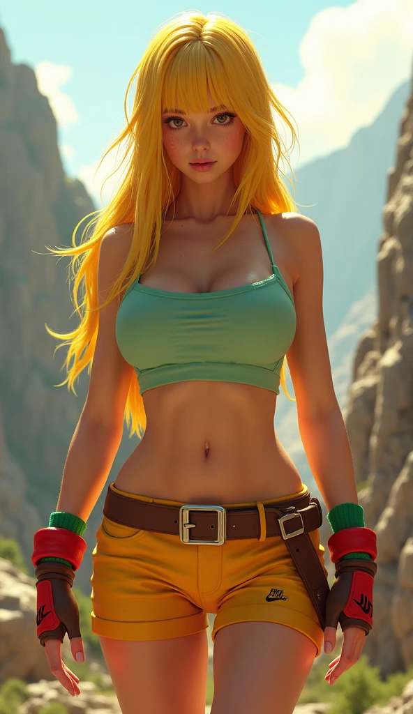((((masterpiece, best quality, high resolution)))), Extremely detailed 8K, 1 female, (Launch from Dragon Ball) wearing a light-green belly-baring crop tank top, yellow shorts with a red belt, brown fingerless gloves and red shoes with the Nike insignia worn with green sock, ((with a red ribbon on her hair)), (Ultra HD, Ultra-detailed, Highly detailed, Highly realistic, Ultra-realistic, photograph realistic), (1girl:1.5), (Realistic long yellow hair), (dynamic poses), facing at camera, looking at viewer, (a serious focus face), (regular black eyes, sharp eyes), (perky breasts:1.2), (beautiful detailed face, beautiful detailed eyes), ((slightly sweating)), (mountainous background), sweat, glow, (sunbeam, sunlight), ((cowboy shot)), seductive, EnvyBetterHands LoCon,