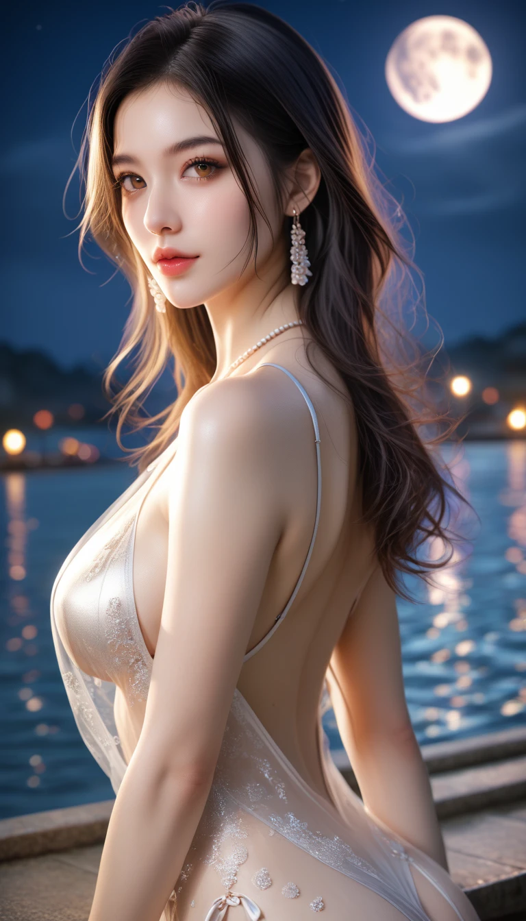 score_9, score_8_superior, score_7_superior, A masterpiece in 32K resolution,Highest quality,it is really amazing,Very detailed,Ultra-high resolution,Ultra-realistic,Realistic,Increased depth of field,Cinematic lighting,
Sexy Japanese Adult Women,
black straight medium hair,Ultra-detailed and beautiful face,Gentle expression,Translucent white skin,Realistic skin texture,
Elegant swimwear,
Bold design,Artistic design,Beautiful and detailed pattern,Detailed fabric texture,
Gorgeous necklace,Earrings,
Coastline at night,Giant Moon,Dark clouds floating in the dark night sky,
Cinematic Angle,Beautiful back view,