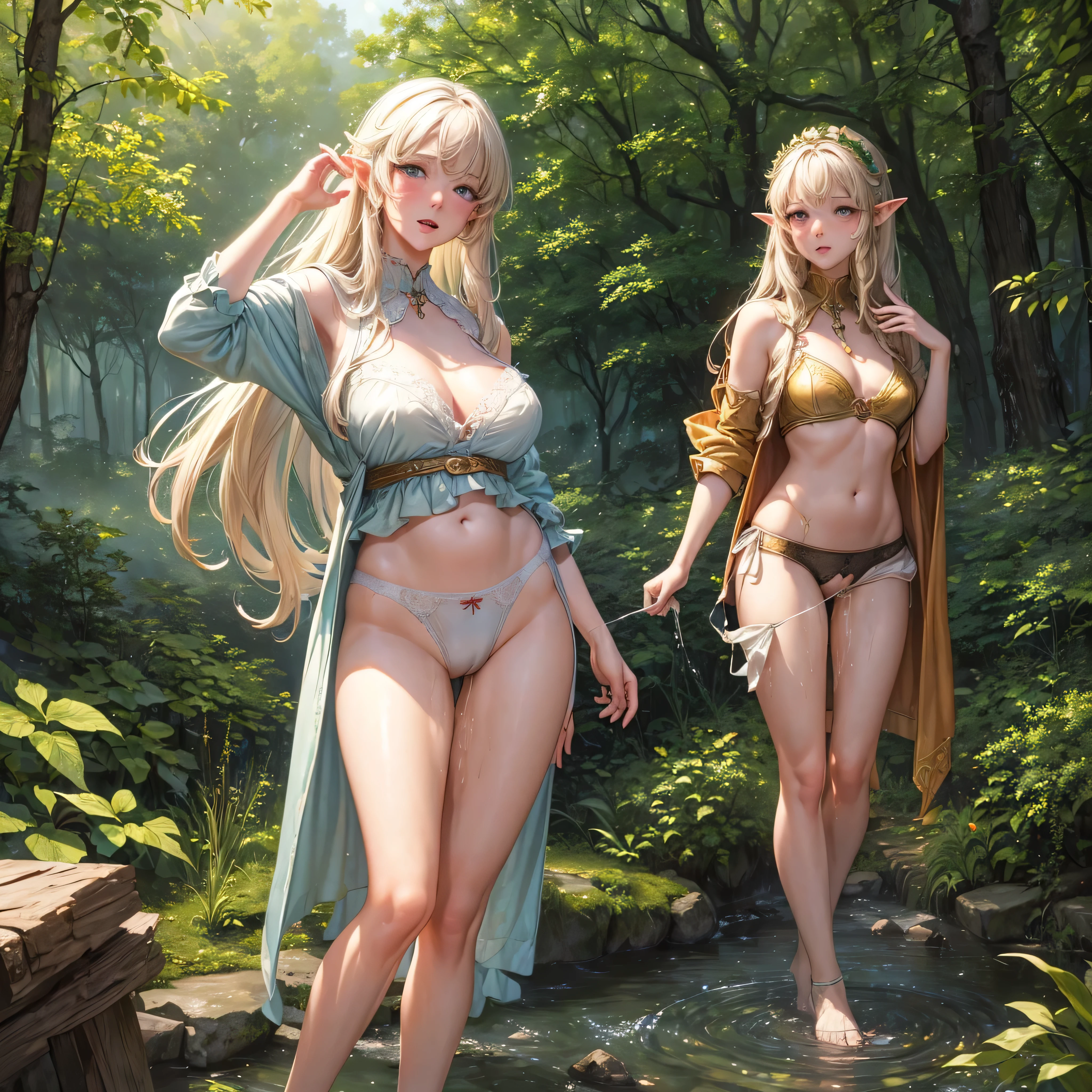 ((masterpiece,Highest quality;1.3,best illustration,realistic)), 3 elf girls, 25 years old, blushing, mouths open in arousal, (incontinence, peeing:1.4)  pee stains, pee like a , wet panties, show your panties, ensemble in the forest,  campfire.