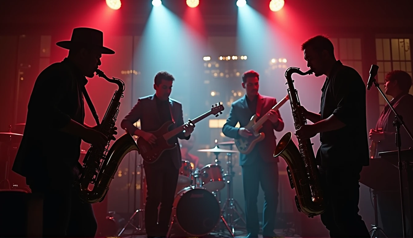 create jazz atmosphere, estilo noturno, stages, instruments, tudod que lembre jazz jam section, 8k realistic