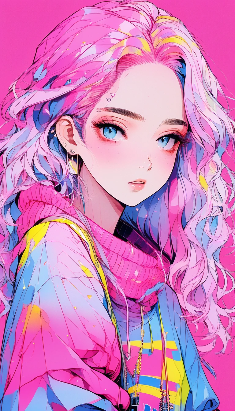 (best quality:0.8), (best quality:0.8), perfect illustration((masterpiece, best quality)), japanese cartoon movies , realistic ,sketch , 1 girl, off-shoulder sweater, whole body, glitter, Neon Hair, Texture Trim, Canadian, 