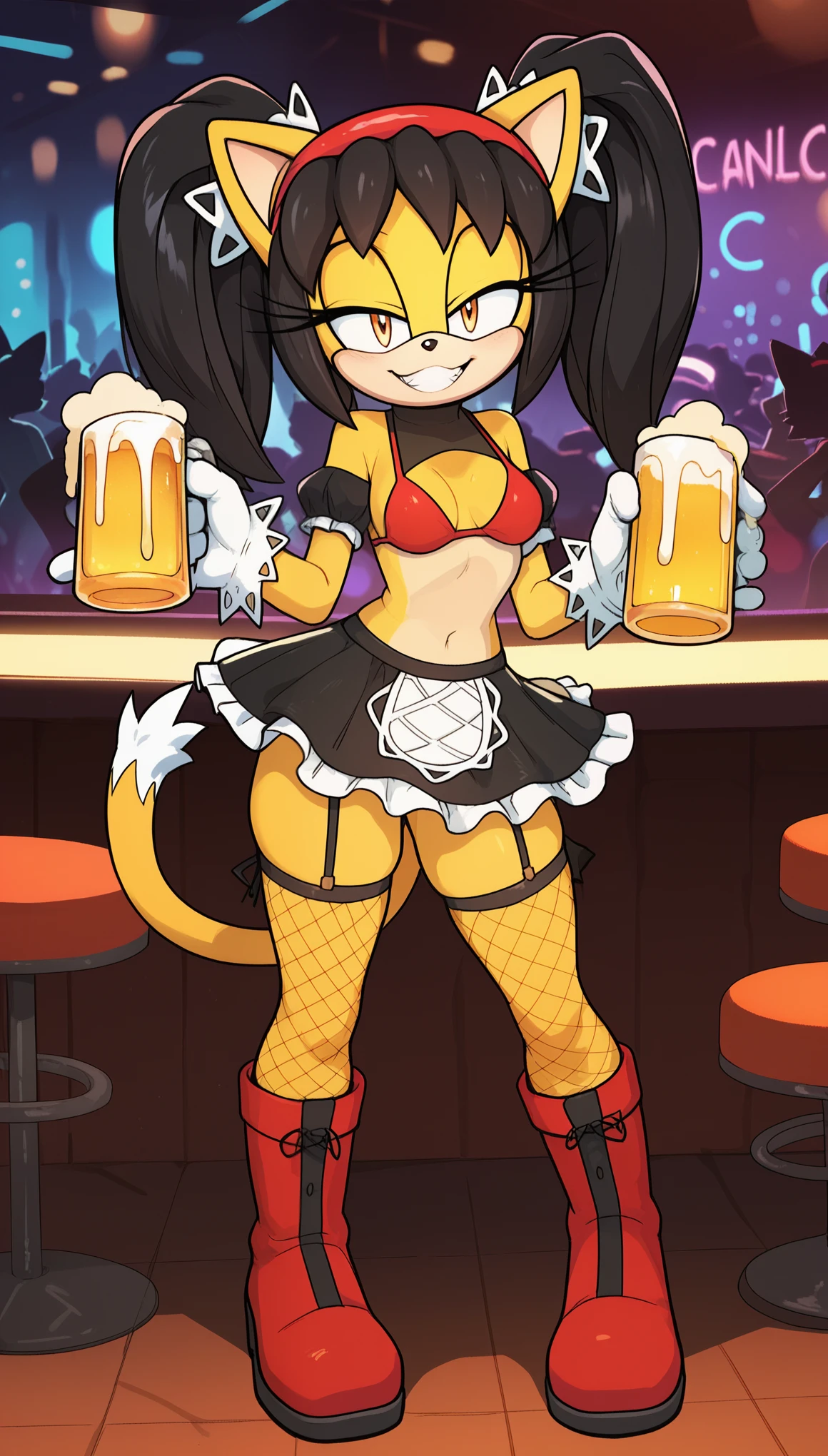 Seductive expression, 1girl, cute smile, anthro, furry, fur, fluffy fur, honey the cat, sonic (series), black hair, twintails, frilly hairbands, red bikini, black skirt, fishnet stockings, fishnet armwear, red boots, red hairband, (19 years), medium breast, thick thighs, solo, (nightclub), detailed, smug smile, half-closed eyes, looking at the viewer, arms above head, score_9, score_8_up, score_7_up, score_6_up, score_5_up, score_4_up
