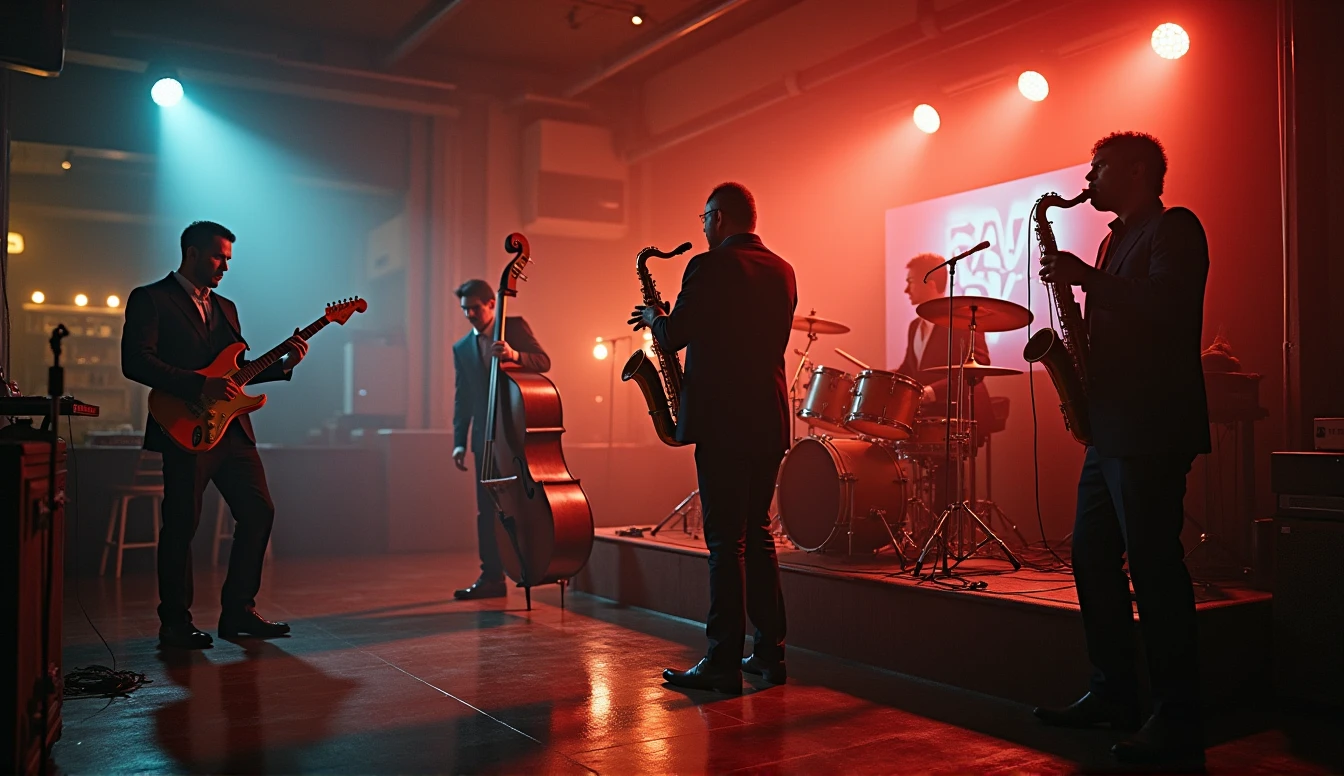 create jazz atmosphere, estilo noturno, stages, instruments, tudod que lembre jazz jam section, change the lighting in the place and play different music, with other clothes and different location but very realistic