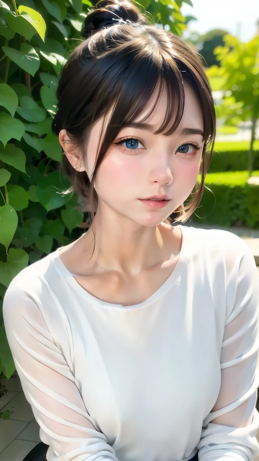 Highest quality、masterpiece、Portrait、Super detailed、White shirt、A girl with short hair tied up in one ponytail、Outdoor、Blurred Background、The background is blurred、
