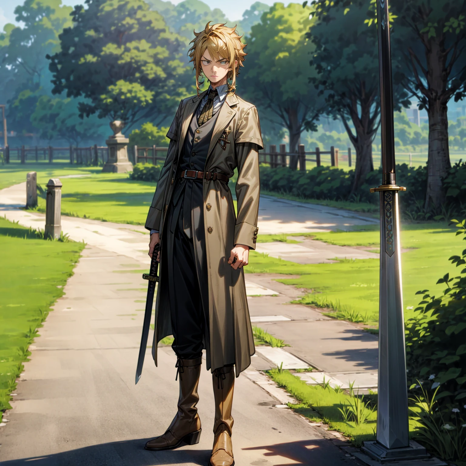 Solo character, full body version, young man, black eyes, blonde half black hair, short curly mohawk, formal clothing, belt, boots, outdoor, park, town, medieval, morning, standing gesture, detailed background, detailed clothing, detailed hair, angry eyes, sword in hand 