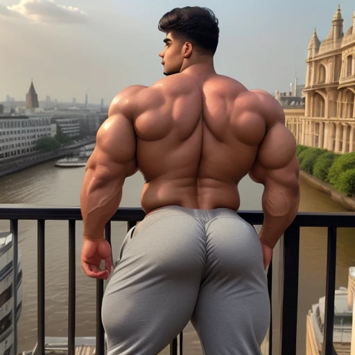 4 meter tall slightly overweight indian men. 20 years old. Childish Young hairless fresh face. In london with friend. Very sexy Posing for camera. Muscular. Wearing a henley and a tight gray sweat pants. Big ass. Smooth body and face. Belly seen. Long long legs. View from the back. Sunlight.