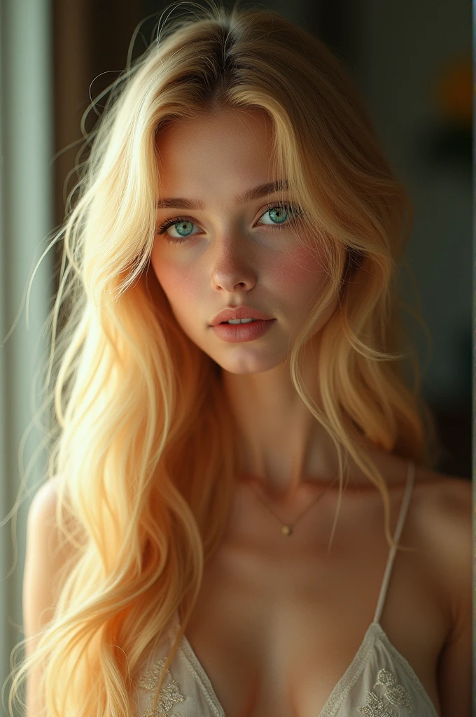 Beautiful Young girl. Long bright golden blonde hair. Turquoise and Gold eyes. Small slim face. Beautiful. Pretty. Hot. Attractive. Seductive. 
