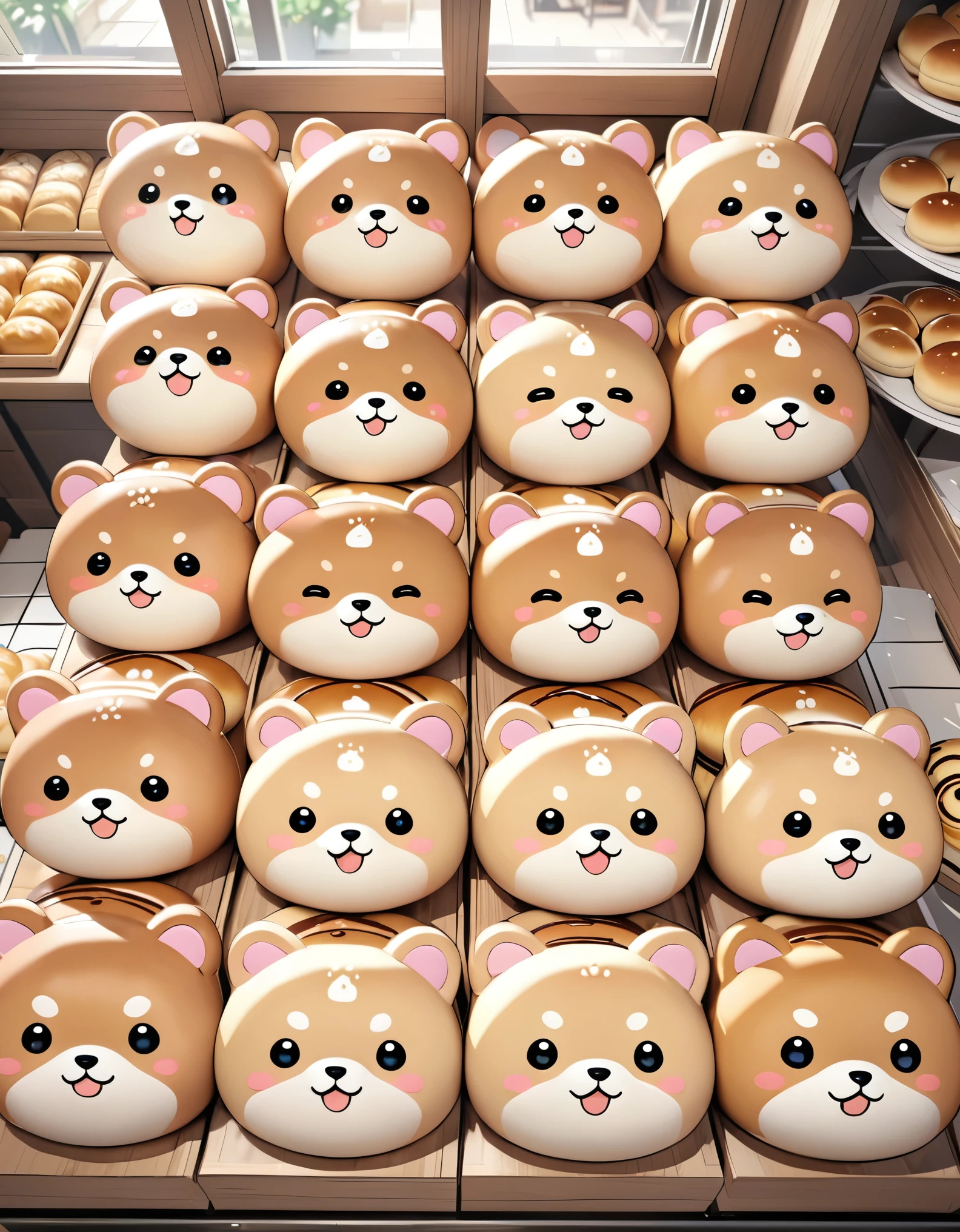 (masterpiece:1.2, Highest quality,Highest quality,Very detailedな:1.2),(Very detailed),(Best illustrations),8k,(1 female:1.6),(I work at a bakery),(There are many women working at bakeries.々The bread features small Rilakkuma-like Shiba Inu characters with cute expressions, arranged in a square.,Bakery Shop,Very simple design),3D drawing