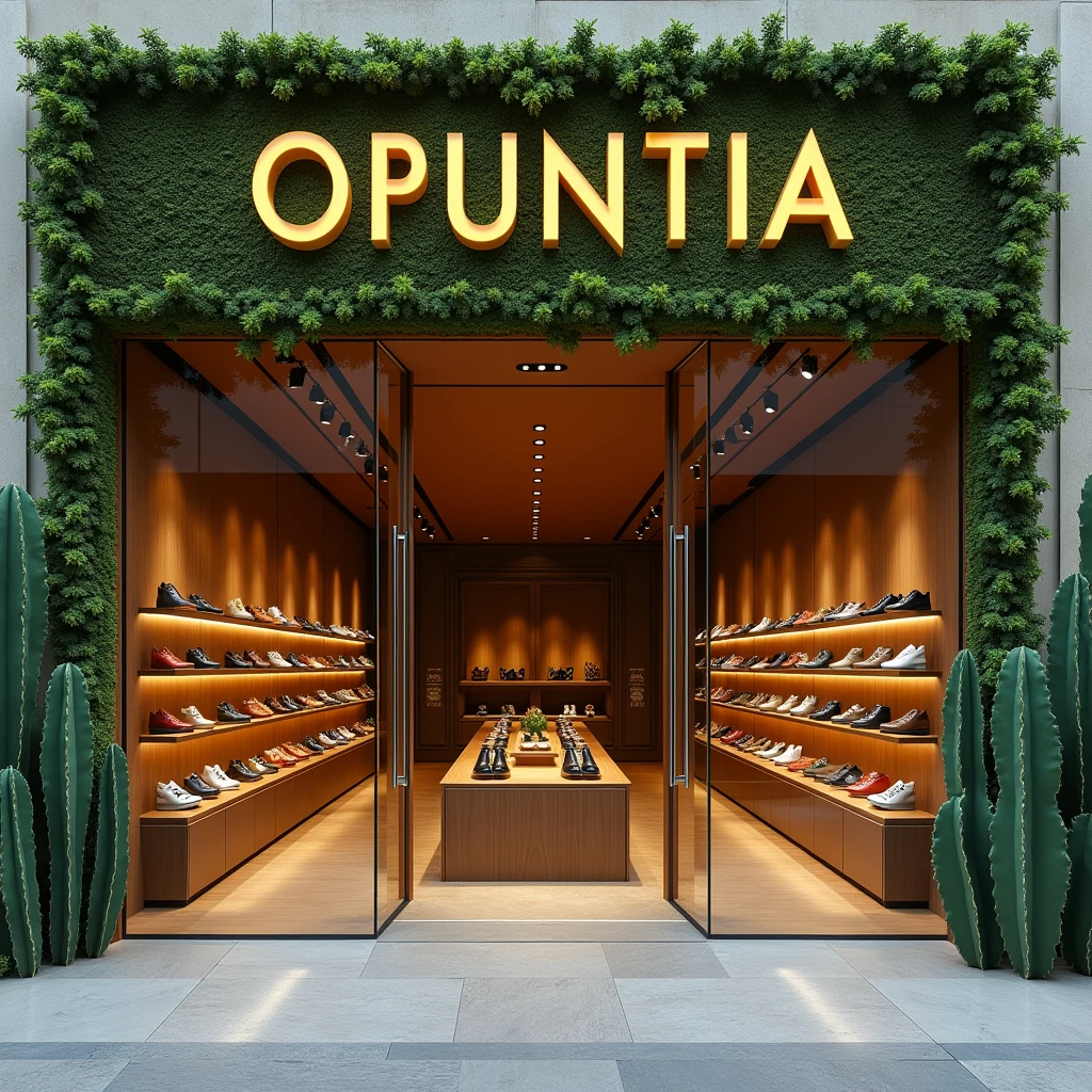 create a facade of a BIG shoe store, in a MODERN way, with glass showcases, glass doors and the use of moss green colors, beiges, brown and/or terracotta, with well-positioned plantations featuring cacti and elephant ear leaves as the main species. on the sign in a very large, gold color the name of the store "OPUNTIA". The store is a luxury store, expensive and elegant,