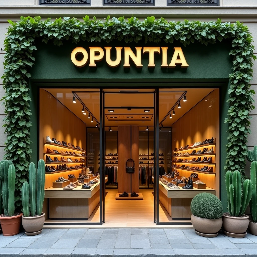 create a facade of a BIG shoe store, in a MODERN way, with glass showcases, glass doors and the use of moss green colors, beiges, brown and/or terracotta, with well-positioned plantations featuring cacti and elephant ear leaves as the main species. on the sign in a very large, gold color the name of the store "OPUNTIA". The store is a luxury store, expensive and elegant,