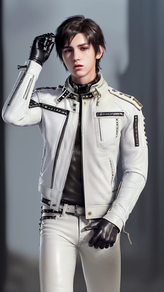 Final fantasy taste and reality graphics, (((Japanese young cute and cool ikemen boy))), his age is early 20s, thin eyebrows and beady eyes, ((((boy wearing off white color leather thick and heavy material jacket)))), ((jacket is single-brest)), ((biker style jacket)), ((jacket is medium large size)),((with epaulet)), ((jacket is long sleeve)), ((((leather jacket close all zippers)))), , ((voluminous leather jacket)), ,(((jacket collar is high length and stand-up))), ((jacket collar with two belts)), ((also wearing black thick material turtleneck polyester shirts)), ((tight black leather pants)), ((put black leather tight and thin glove on both hands)),(((glove is covered full fingers))), ((black leather knee-high raceup boots)),((views head-to-toe)),((views whole body)), ,((((Do not show skin from the neck down)))),
Boy is black hair.
